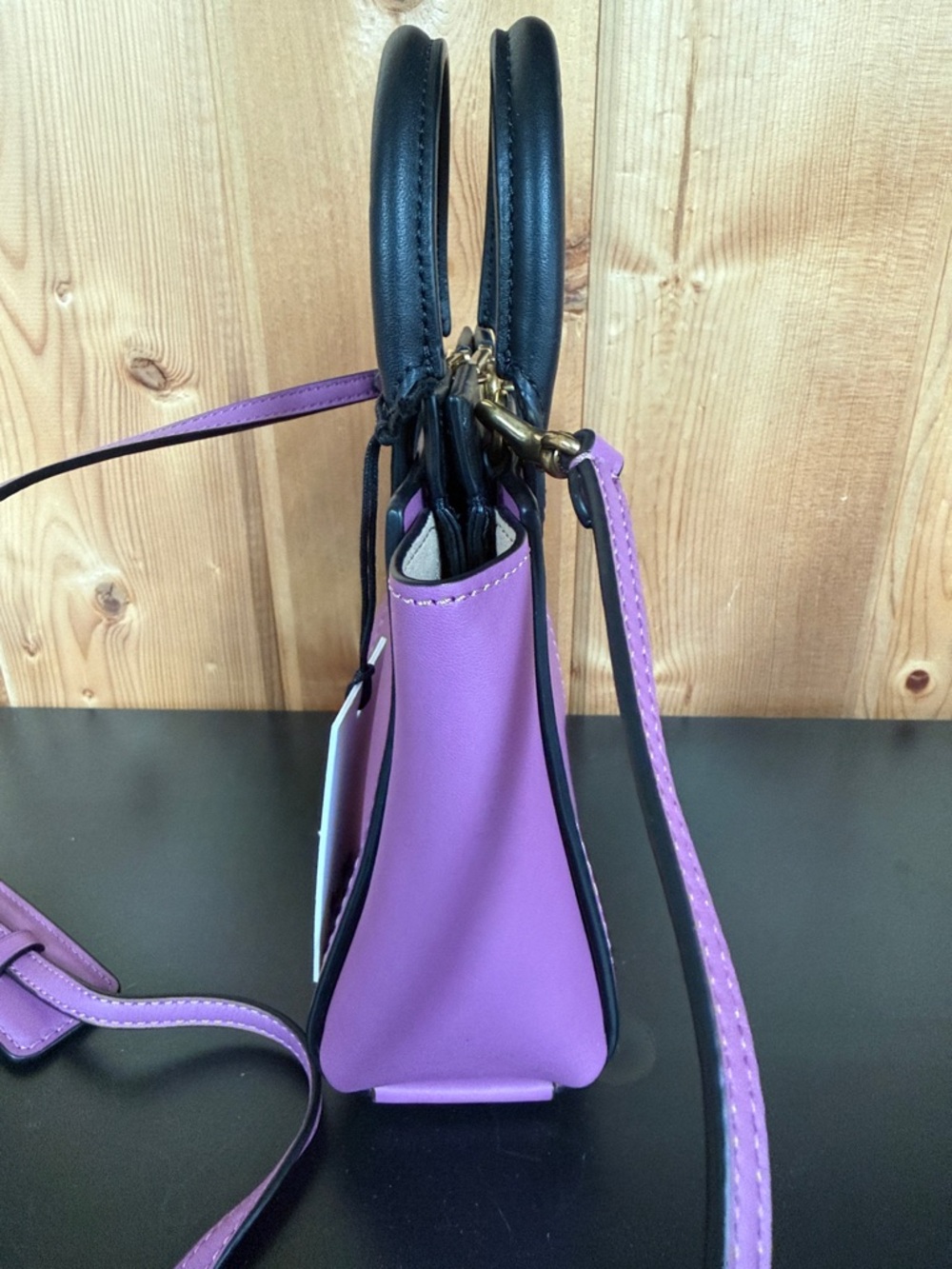 Purple Mini Tote Handbag with Black Handles - Picture 9 of 13